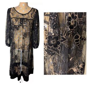 VTG  KWoman Black Lace Embroidered Goth Gown Dress Velvet Satin Hem Whimsigoth L